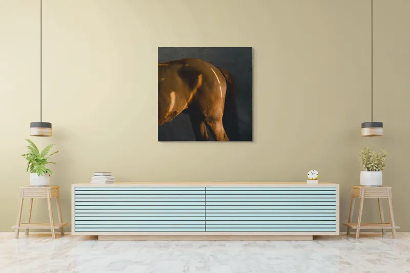 Tablou Canvas, "Reflexii de lumină pe blana calului", Umbre, Lumini, Cal, Blândețe, Zid, Liniște, Textură, 100 x 100 cm – poza 5