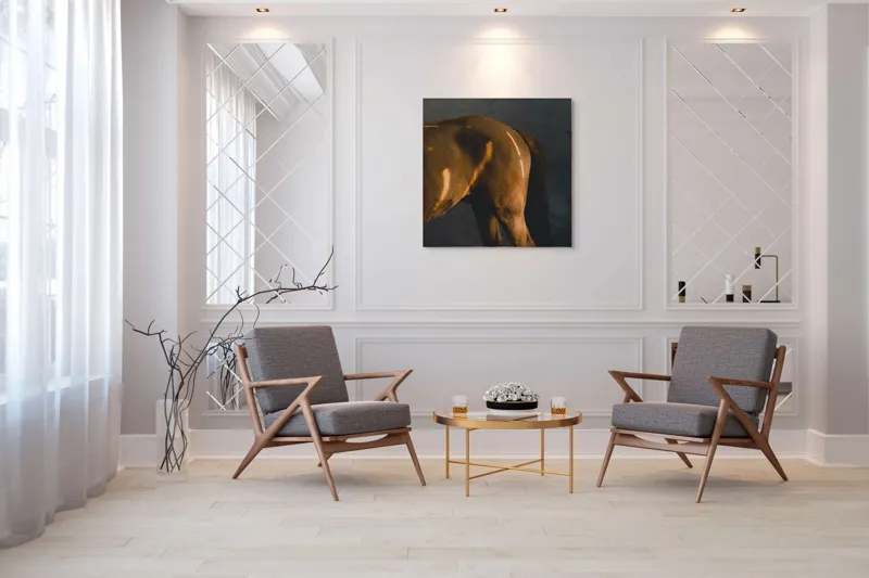 Tablou Canvas, "Reflexii de lumină pe blana calului", Umbre, Lumini, Cal, Blândețe, Zid, Liniște, Textură, 100 x 100 cm – poza 7