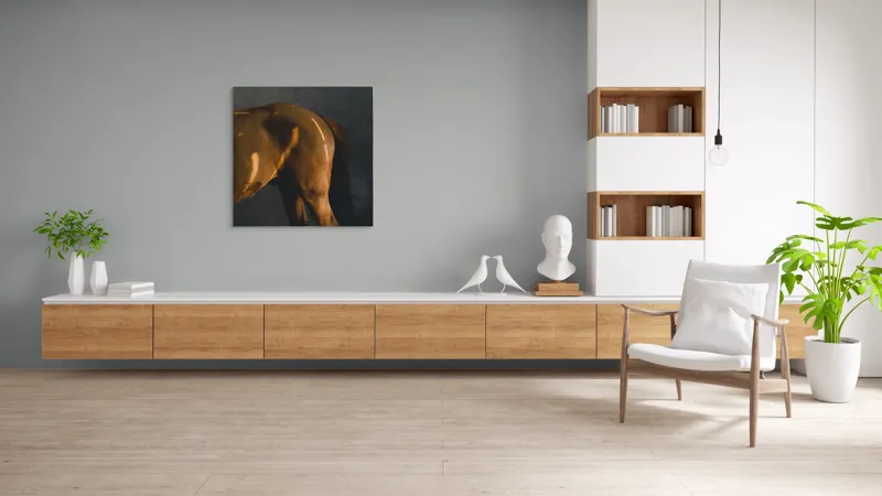 Tablou Canvas, "Reflexii de lumină pe blana calului", Umbre, Lumini, Cal, Blândețe, Zid, Liniște, Textură, 100 x 100 cm – poza 8