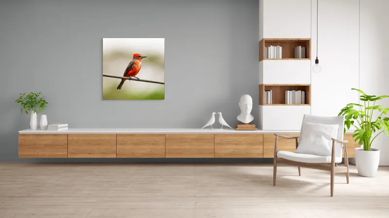 Tablou Canvas, "Pasărea de foc pe sârmă", Pene, Roșii, Vibrante, Pasăre, Fir, Zbor, Cer, Natură, Fundal, Blând, 100 x 100 cm – poza 8