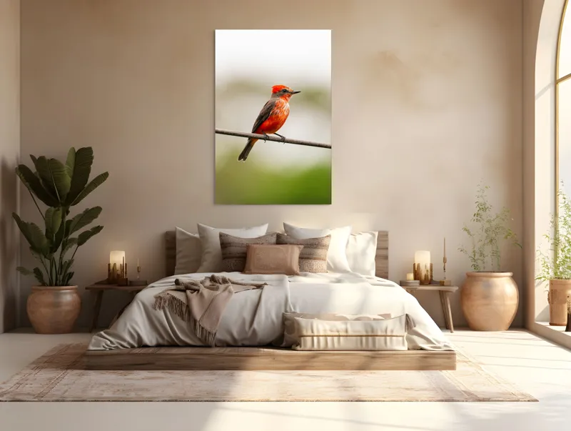 Tablou Canvas, "Pasărea de foc pe sârmă", Pene, Roșii, Vibrante, Pasăre, Fir, Zbor, Cer, Natură, Fundal, Blând, 100 x 150 cm – poza 3