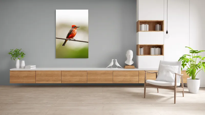 Tablou Canvas, "Pasărea de foc pe sârmă", Pene, Roșii, Vibrante, Pasăre, Fir, Zbor, Cer, Natură, Fundal, Blând, 100 x 150 cm – poza 8