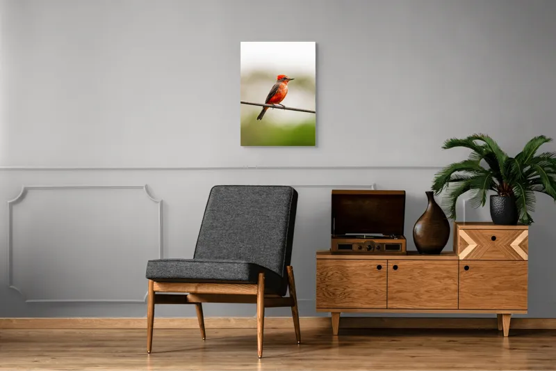 Tablou Canvas, "Pasărea de foc pe sârmă", Pene, Roșii, Vibrante, Pasăre, Fir, Zbor, Cer, Natură, Fundal, Blând, 50 x 70 cm – poza 8