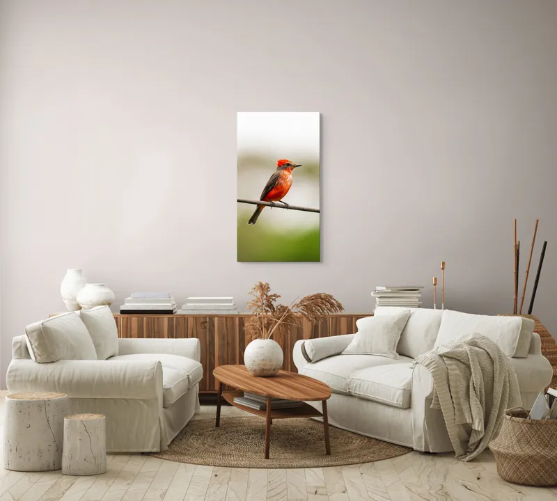 Tablou Canvas, "Pasărea de foc pe sârmă", Pene, Roșii, Vibrante, Pasăre, Fir, Zbor, Cer, Natură, Fundal, Blând, 50 x 90 cm – poza 7