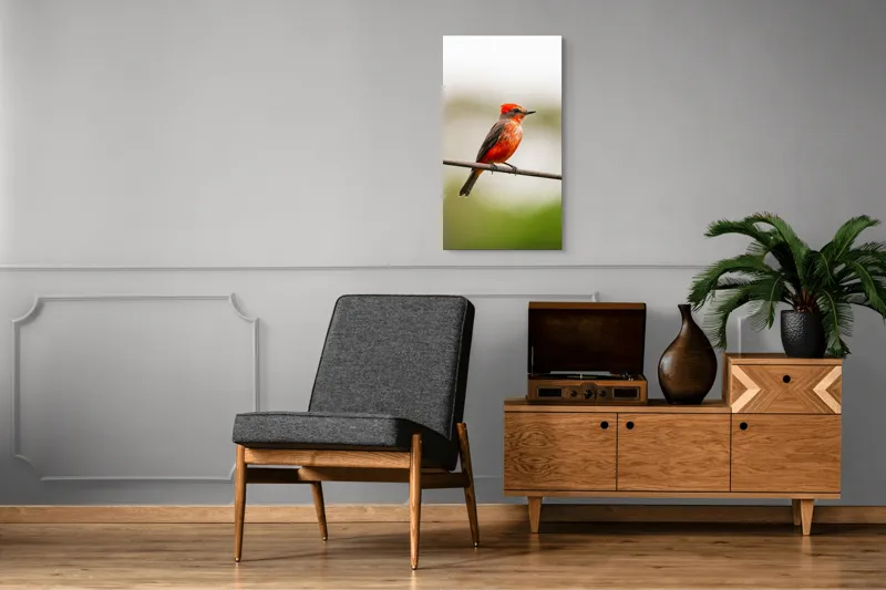 Tablou Canvas, "Pasărea de foc pe sârmă", Pene, Roșii, Vibrante, Pasăre, Fir, Zbor, Cer, Natură, Fundal, Blând, 50 x 90 cm – poza 8