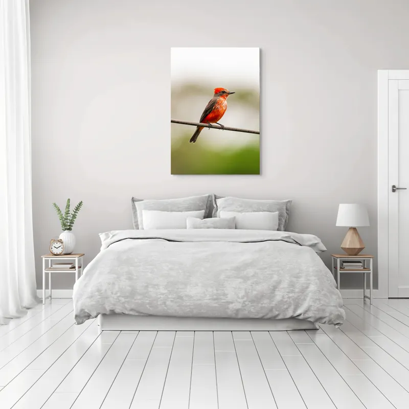 Tablou Canvas, "Pasărea de foc pe sârmă", Pene, Roșii, Vibrante, Pasăre, Fir, Zbor, Cer, Natură, Fundal, Blând, 70 x 100 cm – poza 3
