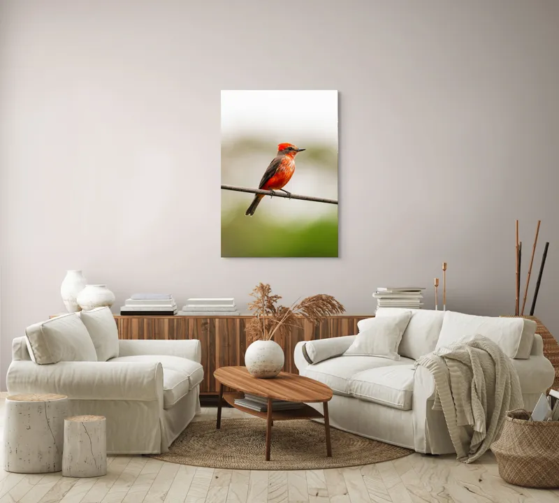 Tablou Canvas, "Pasărea de foc pe sârmă", Pene, Roșii, Vibrante, Pasăre, Fir, Zbor, Cer, Natură, Fundal, Blând, 70 x 100 cm – poza 4