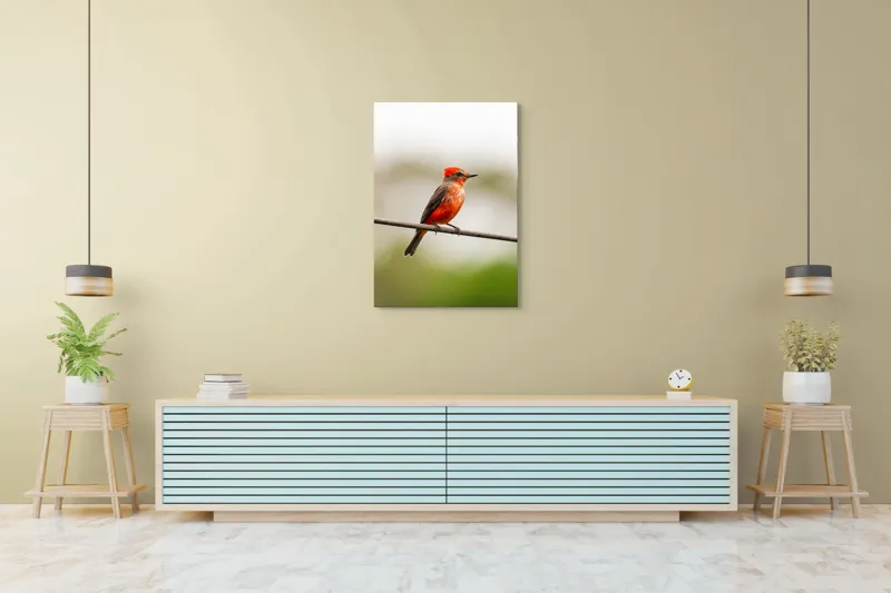 Tablou Canvas, "Pasărea de foc pe sârmă", Pene, Roșii, Vibrante, Pasăre, Fir, Zbor, Cer, Natură, Fundal, Blând, 70 x 100 cm – poza 5