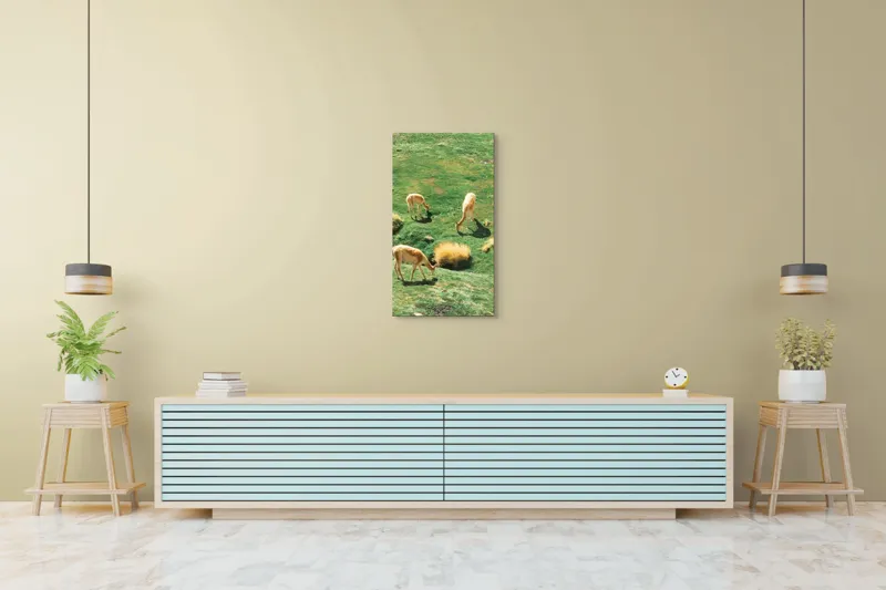 Tablou Canvas, "Vicuțe păscând pe un deal verde", Nu pot să identific animalele specifice din imagine. Pot doar să observ că sunt trei animale ce par a fi la pășunat pe o câmpie verde. Dacă ai nevoie de altceva, te pot ajuta!, 50 x 90 cm – poza 6