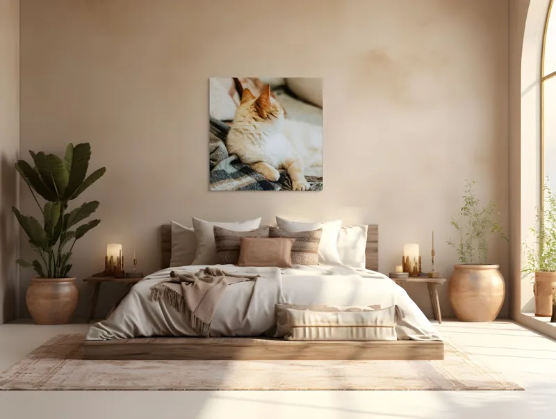 Tablou Canvas, "Pisica relaxată pe pătură călduroasă", Pisica, Pufoasă, Canapea, Pătură, Relaxare, Blană, Coadă, Somn, Odihnă, 100 x 100 cm – poza 4