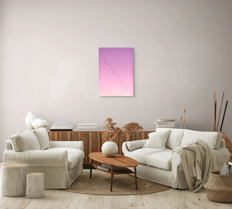 Tablou Canvas, "Zborul păsărilor în amurg roz", Pasări, Cer, Zbor, Roz, Armonie, Linie, Apus, 50 x 70 cm – poza 4