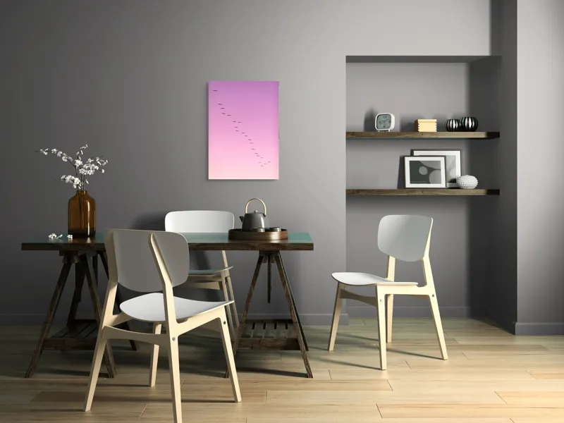 Tablou Canvas, "Zborul păsărilor în amurg roz", Pasări, Cer, Zbor, Roz, Armonie, Linie, Apus, 50 x 70 cm – poza 5