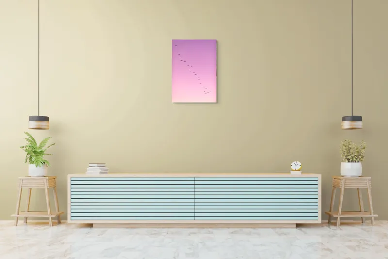 Tablou Canvas, "Zborul păsărilor în amurg roz", Pasări, Cer, Zbor, Roz, Armonie, Linie, Apus, 50 x 70 cm – poza 6