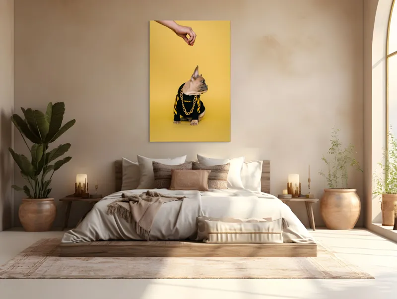 Tablou Canvas, "Cățel cu stil în ținută urbană", Cățeluș, Dres, Galben, Lant, Mână, Fundal, Privire, Haine., 100 x 150 cm – poza 3