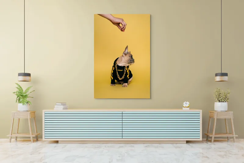 Tablou Canvas, "Cățel cu stil în ținută urbană", Cățeluș, Dres, Galben, Lant, Mână, Fundal, Privire, Haine., 100 x 150 cm – poza 4