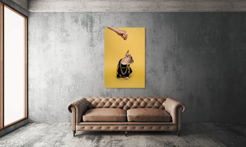 Tablou Canvas, "Cățel cu stil în ținută urbană", Cățeluș, Dres, Galben, Lant, Mână, Fundal, Privire, Haine., 100 x 150 cm – poza 6