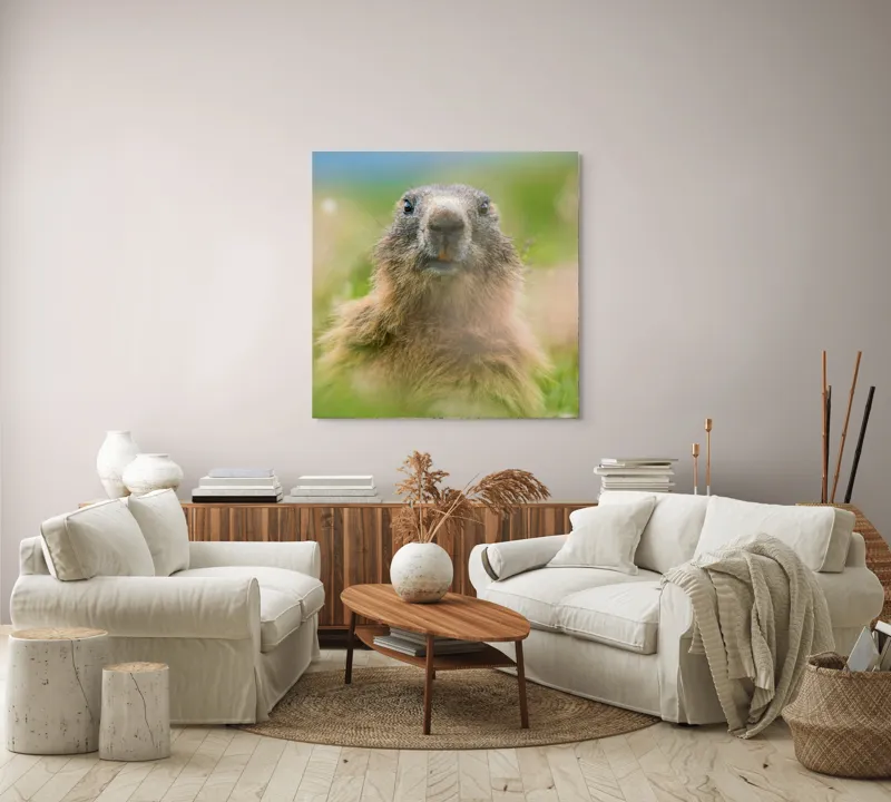 Tablou Canvas, "Marmota în mijlocul pajiștii verzi", Marmotă, Verdeață, Privire, Natura, Blană, Flori, Tranquilitate, Câmpie, Plante, Explorare, 100 x 100 cm – poza 3