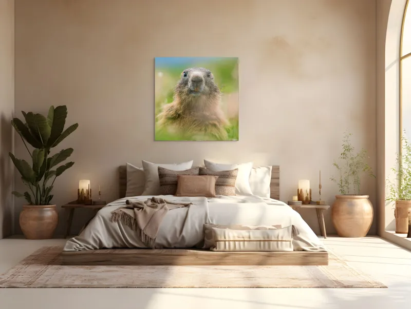 Tablou Canvas, "Marmota în mijlocul pajiștii verzi", Marmotă, Verdeață, Privire, Natura, Blană, Flori, Tranquilitate, Câmpie, Plante, Explorare, 100 x 100 cm – poza 4