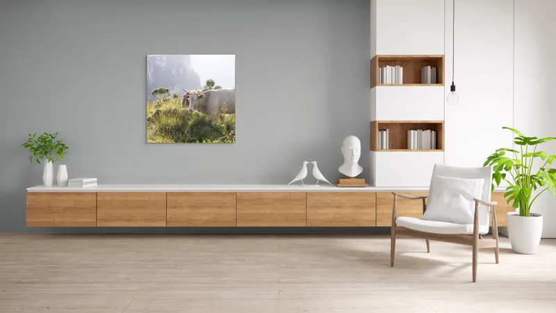 Tablou Canvas, "Vaci păscând pe marginea canionului", Vacă, Pajiște, Munți, Natură, Verdeață, Cer, Priveliște, Lumină, Blândețe, Rural., 100 x 100 cm – poza 8