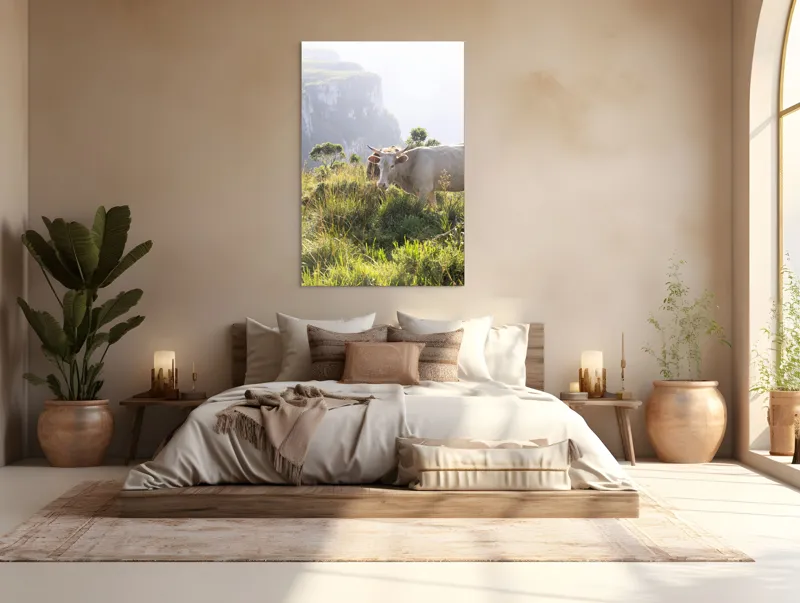 Tablou Canvas, "Vaci păscând pe marginea canionului", Vacă, Pajiște, Munți, Natură, Verdeață, Cer, Priveliște, Lumină, Blândețe, Rural., 100 x 150 cm – poza 3