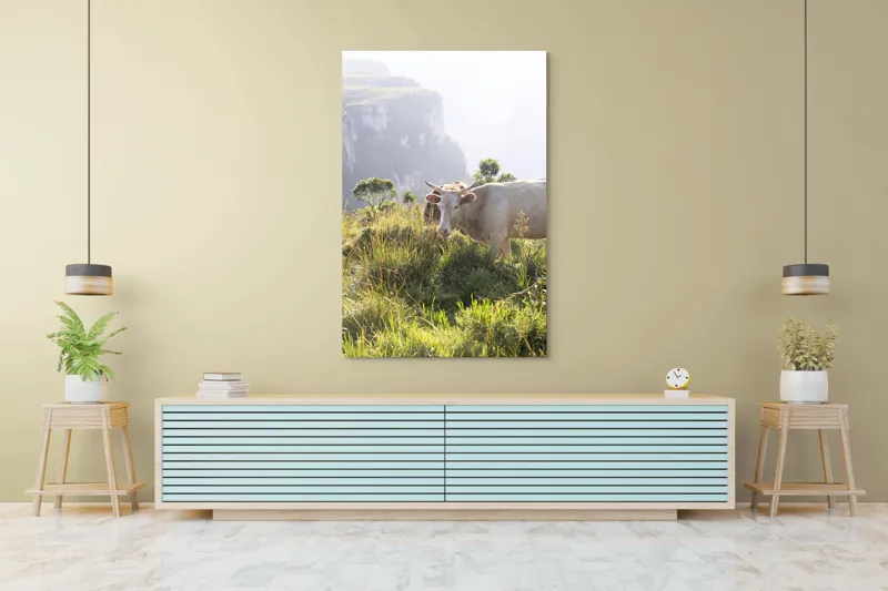 Tablou Canvas, "Vaci păscând pe marginea canionului", Vacă, Pajiște, Munți, Natură, Verdeață, Cer, Priveliște, Lumină, Blândețe, Rural., 100 x 150 cm – poza 4