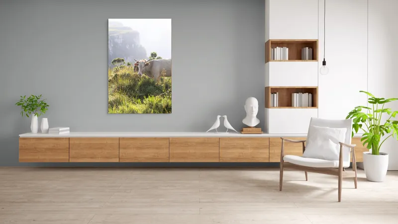 Tablou Canvas, "Vaci păscând pe marginea canionului", Vacă, Pajiște, Munți, Natură, Verdeață, Cer, Priveliște, Lumină, Blândețe, Rural., 100 x 150 cm – poza 8