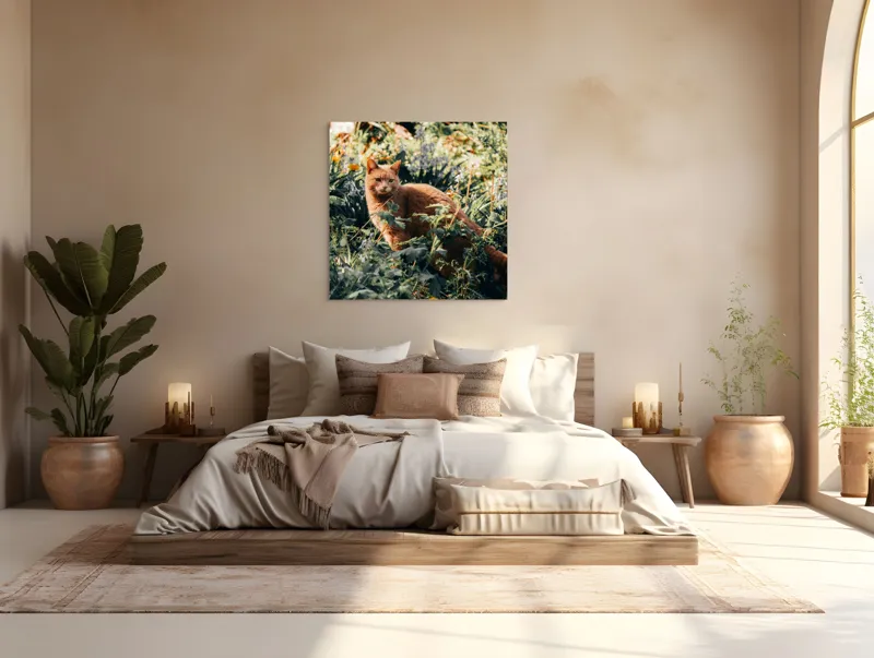 Tablou Canvas, "Pisica roșcată în grădina de vară", Pisică, Roșcată, Blană, Vegetație, Lumină, Umbre, Flori, Curiozitate, 100 x 100 cm – poza 4