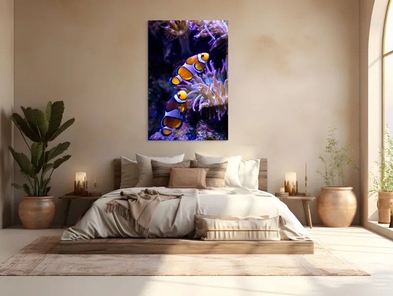 Tablou Canvas, "Clovni colorați printre corali vibranți", Pești, Clovn, Portocalii, Anemone, Coral, Subacvatic, Colorat, Frumos, Acvariu, Vieți, Natură, Ocean, Vibrant., 100 x 150 cm – poza 3