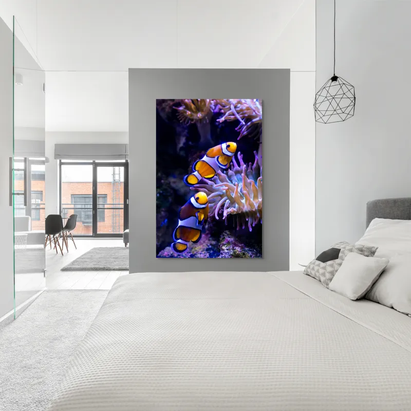 Tablou Canvas, "Clovni colorați printre corali vibranți", Pești, Clovn, Portocalii, Anemone, Coral, Subacvatic, Colorat, Frumos, Acvariu, Vieți, Natură, Ocean, Vibrant., 100 x 150 cm – poza 5