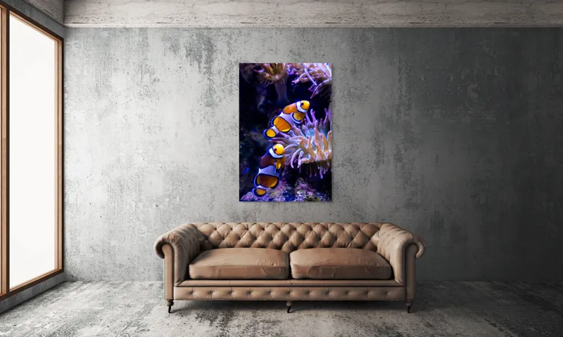 Tablou Canvas, "Clovni colorați printre corali vibranți", Pești, Clovn, Portocalii, Anemone, Coral, Subacvatic, Colorat, Frumos, Acvariu, Vieți, Natură, Ocean, Vibrant., 100 x 150 cm – poza 6