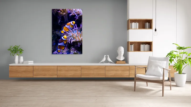 Tablou Canvas, "Clovni colorați printre corali vibranți", Pești, Clovn, Portocalii, Anemone, Coral, Subacvatic, Colorat, Frumos, Acvariu, Vieți, Natură, Ocean, Vibrant., 100 x 150 cm – poza 8