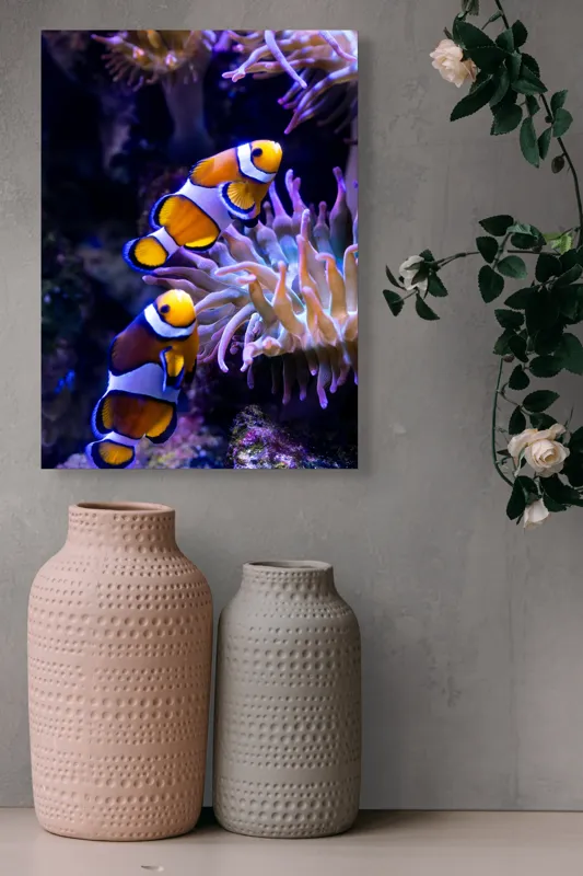 Tablou Canvas, "Clovni colorați printre corali vibranți", Pești, Clovn, Portocalii, Anemone, Coral, Subacvatic, Colorat, Frumos, Acvariu, Vieți, Natură, Ocean, Vibrant., 39 x 54 cm – poza 6