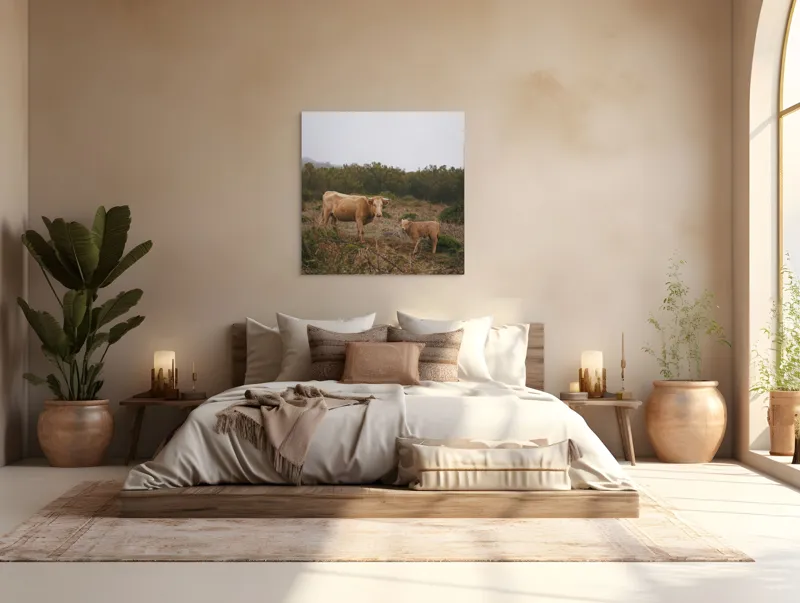 Tablou Canvas, "Vacă și vițel în peisaj rural", Vacă, Vițel, Natură, Câmp, Ceață, Vegetație, Peisaj, Rural, Calm, Pastoral, 100 x 100 cm – poza 4