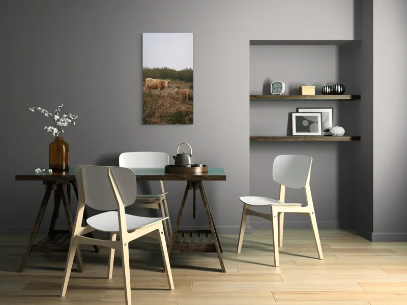 Tablou Canvas, "Vacă și vițel în peisaj rural", Vacă, Vițel, Natură, Câmp, Ceață, Vegetație, Peisaj, Rural, Calm, Pastoral, 50 x 90 cm – poza 4