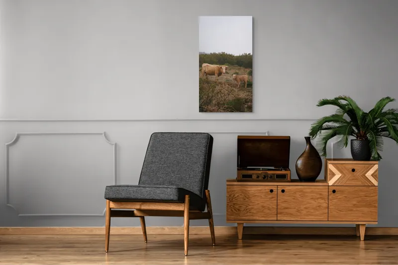 Tablou Canvas, "Vacă și vițel în peisaj rural", Vacă, Vițel, Natură, Câmp, Ceață, Vegetație, Peisaj, Rural, Calm, Pastoral, 50 x 90 cm – poza 8