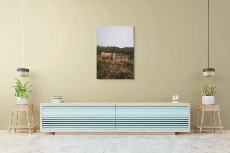 Tablou Canvas, "Vacă și vițel în peisaj rural", Vacă, Vițel, Natură, Câmp, Ceață, Vegetație, Peisaj, Rural, Calm, Pastoral, 70 x 100 cm – poza 5