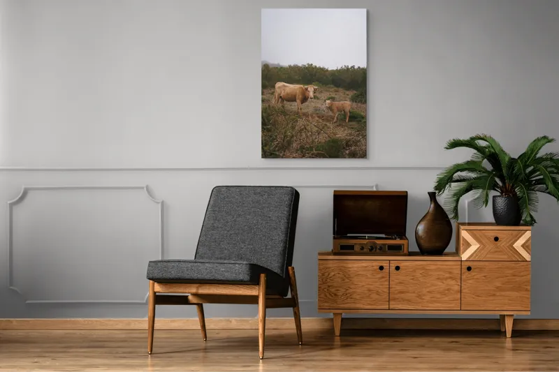 Tablou Canvas, "Vacă și vițel în peisaj rural", Vacă, Vițel, Natură, Câmp, Ceață, Vegetație, Peisaj, Rural, Calm, Pastoral, 70 x 100 cm – poza 6
