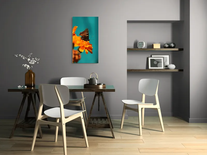 Tablou Canvas, "Fluture pe floare de galbenele", Fluture, Floare, Portocaliu, Aripi, Natura, Contrast, Detaliu, Fragilitate, 50 x 90 cm – poza 4