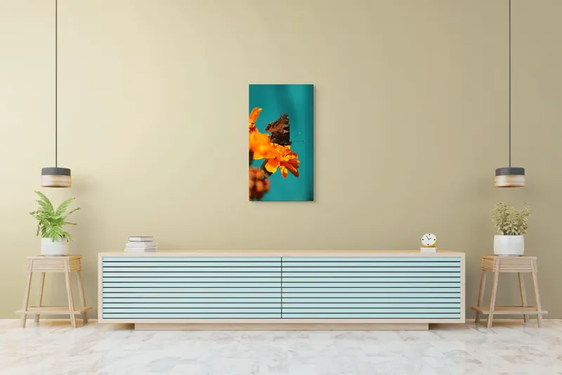 Tablou Canvas, "Fluture pe floare de galbenele", Fluture, Floare, Portocaliu, Aripi, Natura, Contrast, Detaliu, Fragilitate, 50 x 90 cm – poza 6