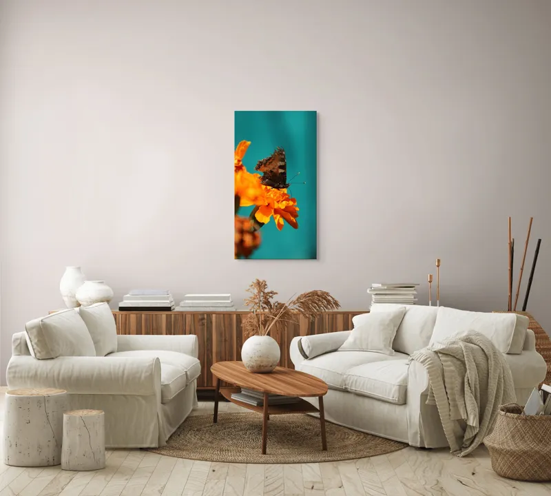 Tablou Canvas, "Fluture pe floare de galbenele", Fluture, Floare, Portocaliu, Aripi, Natura, Contrast, Detaliu, Fragilitate, 50 x 90 cm – poza 7