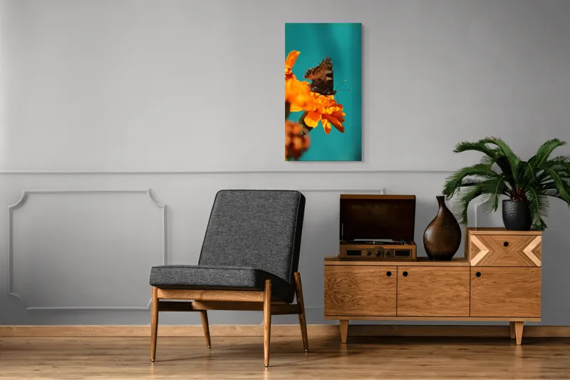 Tablou Canvas, "Fluture pe floare de galbenele", Fluture, Floare, Portocaliu, Aripi, Natura, Contrast, Detaliu, Fragilitate, 50 x 90 cm – poza 8