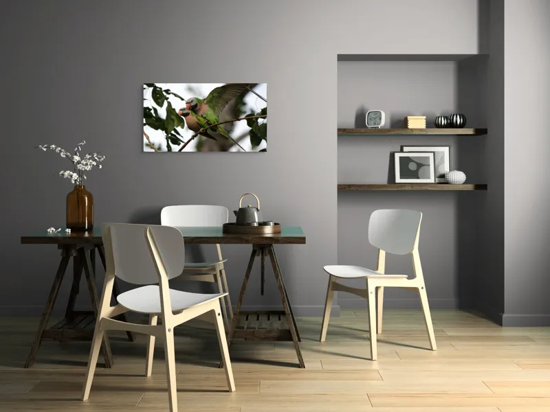 Tablou Canvas, "Dansul păsărilor în natură", Păsări, Colorate, Crenguță, Frunziș, Aripi, Natură, Verde, Interacțiune, Tonuri, Tropicale., 90 x 50 cm – poza 3