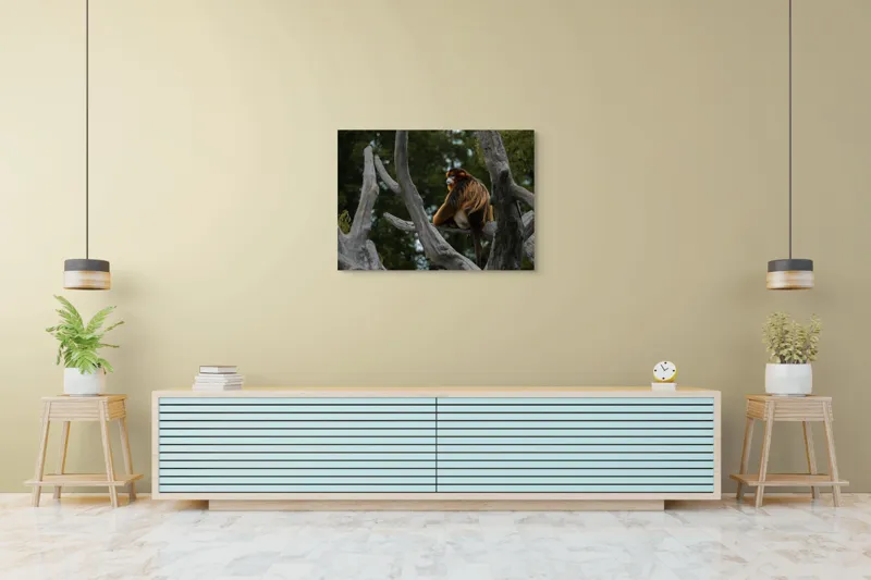 Tablou Canvas, "Maimuță aurie pe ramuri uscate", Scenă, Maimuță, Copac, Blană, Natură, Liniște, Ornamentație, Frunziș, Vedere., 100 x 70 cm – poza 4