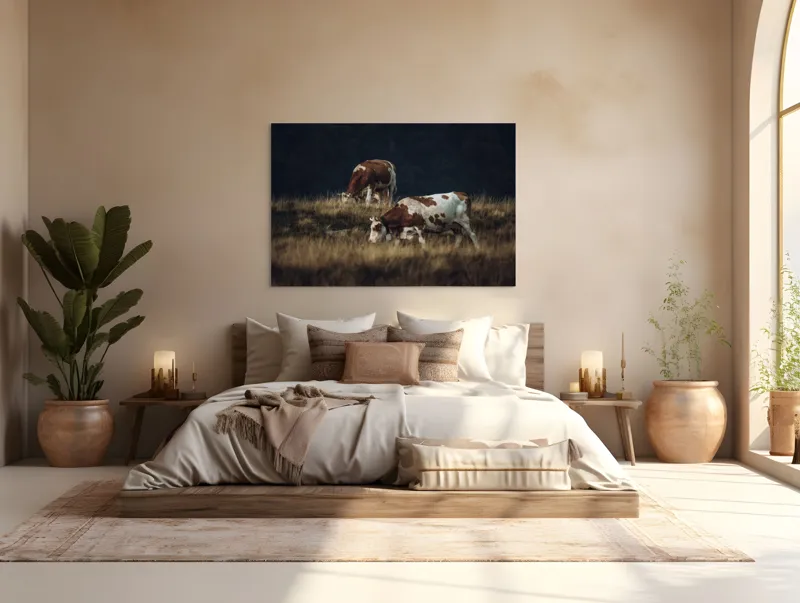 Tablou Canvas, "Vaci păscând în lumina apusului", Vaci, Pajiște, Munți, Apus, Iarbă, Calm, Natură, Răgaz, 150 x 100 cm – poza 4