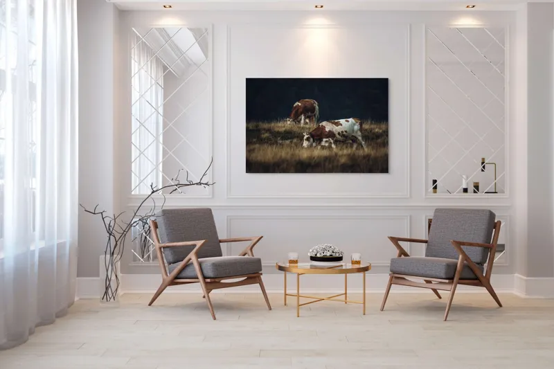Tablou Canvas, "Vaci păscând în lumina apusului", Vaci, Pajiște, Munți, Apus, Iarbă, Calm, Natură, Răgaz, 150 x 100 cm – poza 7