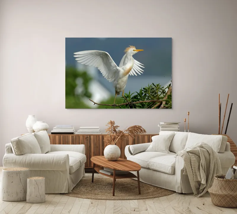 Tablou Canvas, "Egreta desfășurându-și aripile în zori", Pasăre, Albă, Aripi, Ramură, Cer, Peisaj, Natură, Eleganță, Plante, 150 x 100 cm – poza 3