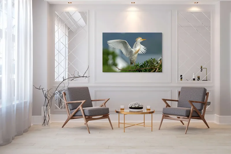 Tablou Canvas, "Egreta desfășurându-și aripile în zori", Pasăre, Albă, Aripi, Ramură, Cer, Peisaj, Natură, Eleganță, Plante, 150 x 100 cm – poza 7