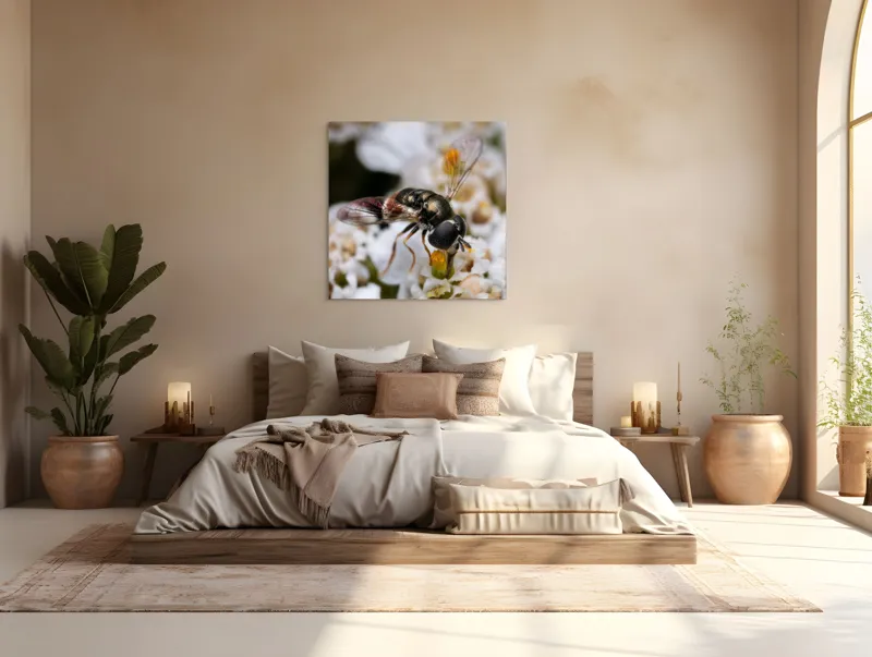 Tablou Canvas, "Albina polenizând floarea albă", Alb, Negru, Aripi, Flori, Detaliu, Natură, Fragilitate, Delicat, Microcosmos, 100 x 100 cm – poza 4