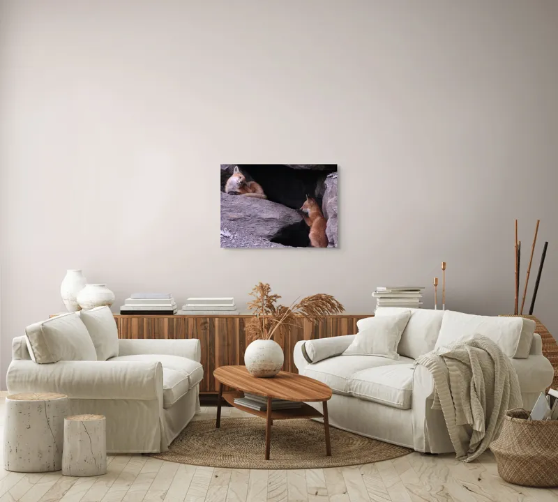 Tablou Canvas, "Vulpițe odihnindu-se în vizuină ", Vulpi, Culcuș, Liniște, Pui, Blană, Grotă, Mângâiere, Natură, 70 x 50 cm – poza 6