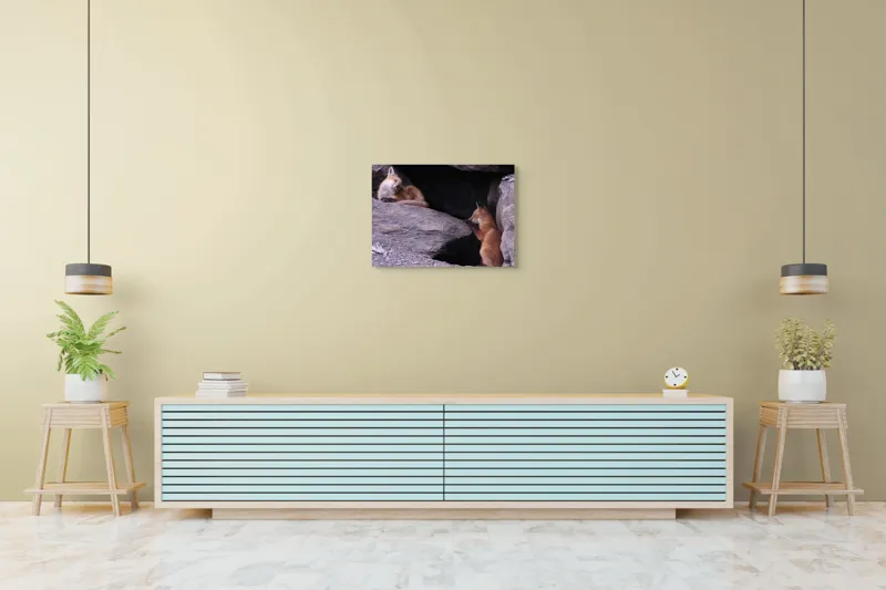 Tablou Canvas, "Vulpițe odihnindu-se în vizuină ", Vulpi, Culcuș, Liniște, Pui, Blană, Grotă, Mângâiere, Natură, 70 x 50 cm – poza 7